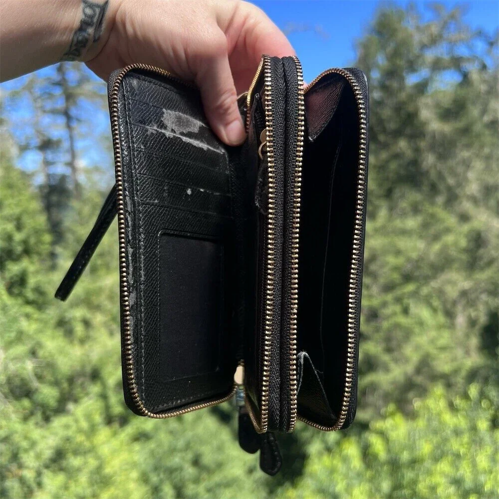 COACH Double Zip Wallet Black Embossed Patent Leather Detachable Wristlet Strap